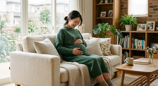 A pregnant woman sitting on a sofa and gently stroking her belly.